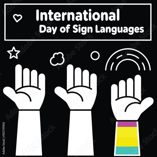 Illustration of hands in sign language with text and symbols on black background fingers