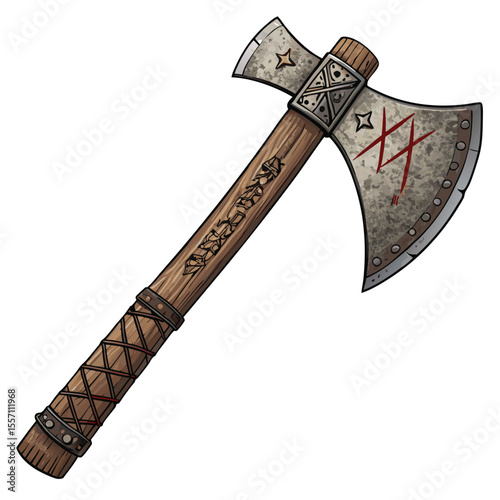Rusted axe, cursed runes etched on the blade. Ancient weapon, dark fantasy, weathered steel, ominous.