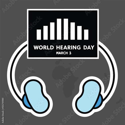 World Hearing Day Graphic with Earbuds and Sound Wave on Gray Background march