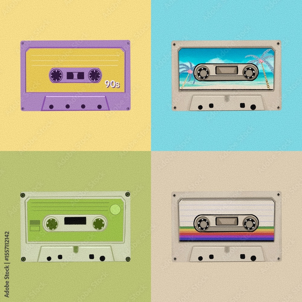 Fototapeta premium Seamless pattern of vintage music cassette tapes, Noise hand drawn 