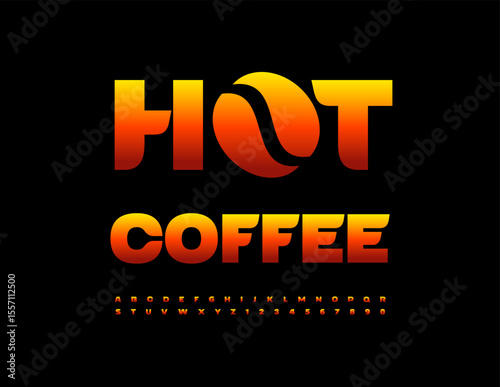 Vector Advertising banner Hot Coffee with Creative Bean. Flaming Pattern Font. Fire Effect Alphabet Letters and Numbers set