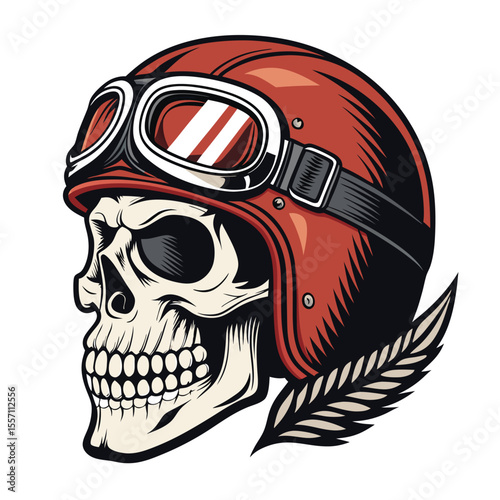 A classic biker skull illustration wearing stylish retro aviator goggles.