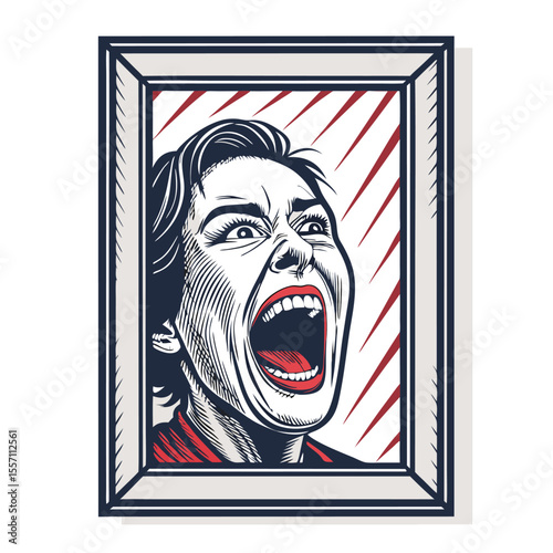 Distorted screaming face trapped in a shattered antique mirror frame, horror, desperation.