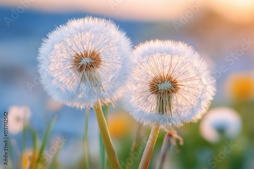 Two dandelion flowers with fluffy white seed heads illuminated by soft sunlight, surrounded by a vibrant green field and colorful wildflowers, representing nature's beauty and fragility