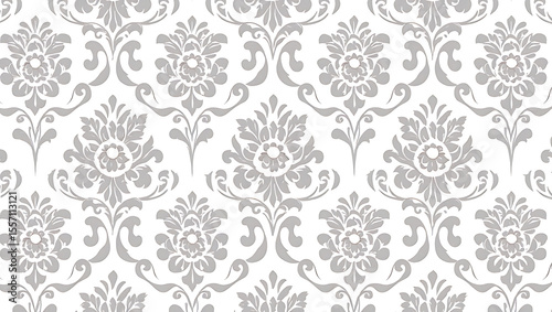 Elegant Gray Damask Seamless Pattern:  Ornate Floral Wallpaper Texture, Vintage Style Background Design.