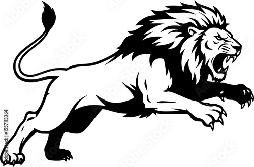 angry lion in a jump line art silhouette vector illustration
