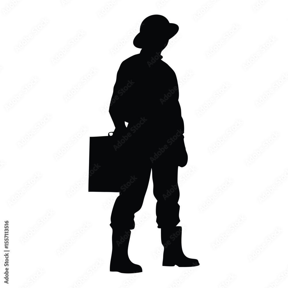 Naklejka premium Fisherman with Tackle Box Silhouette