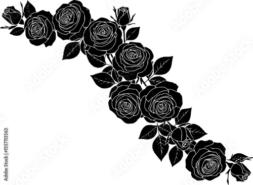 delicate floral corner element featuring roses line art silhouette vector illustration

