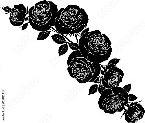 delicate floral corner element featuring roses line art silhouette vector illustration
