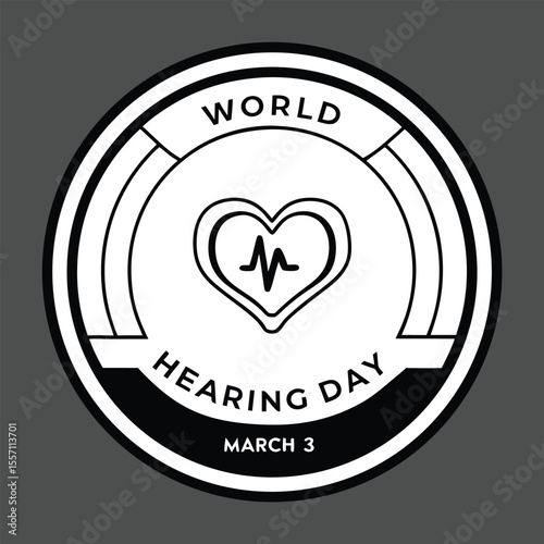 Black and white circular logo with heart symbol and text for World Hearing Day on gray background
