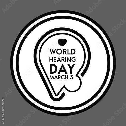 Minimalist black and white logo design for World Hearing Day with ear symbol and text on gray