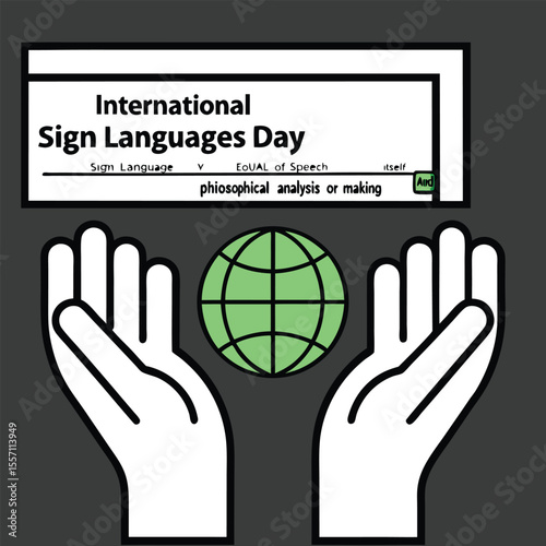 International Sign Languages Day Illustration with Hands Holding a Green Globe on Gray Background