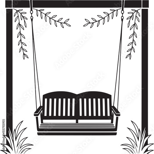 Black and white vector illustration of a porch swing with hanging leaves and grass design element on transparent background silhouette