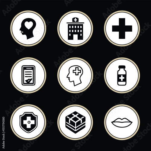 Nine Medical Icons in Circles Featuring Heart Hospital Cross Document Head Bottle Shield Lips