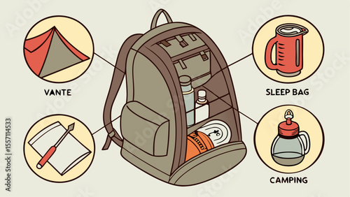 Illustration of a backpack filled with camping gear including a tent sleep bag and other essentials