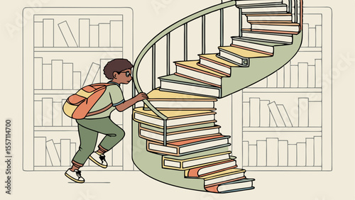 A student with a backpack climbs a spiral staircase made of books in a library with bookshelves behind