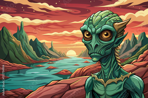 Wallpaper view of alien planet with river, abstraction, mysterious land of the galaxy under a strange colored sky, game banner