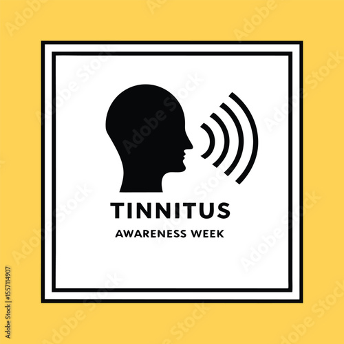 Black silhouette head with sound waves and text Tinnitus Awareness Week on yellow background health