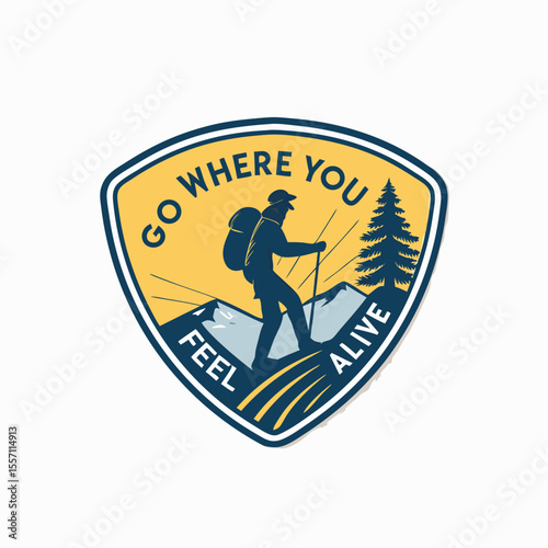 A crest-shaped badge design featuring a hiker, a sunburst, and the letter 'g'.