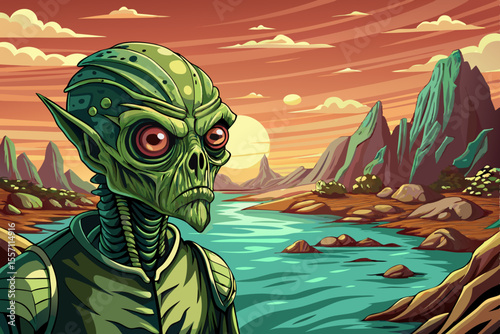 Wallpaper view of alien planet with river, abstraction, mysterious land of the galaxy under a strange colored sky, game banner