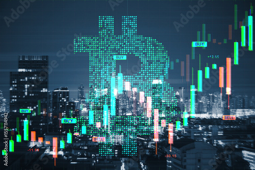 Bitcoin symbol with financial market candlestick chart over city skyline at night showing cryptocurrency investment and trading concept.