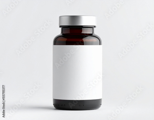 Amber glass bottle with a blank white label, silver cap, against a plain white background.