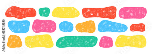 Set of liquid shapes with organic texture of crayon, chalk or pastel . Stamps with freeform shapes. Color vector illustration on a white background.