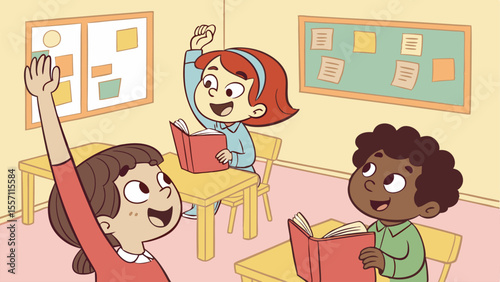 Three students raising their hands in a classroom with desks books and bulletin boards on the walls
