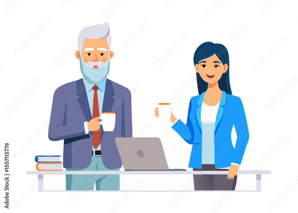 Professional colleagues enjoying coffee break at desk with laptop and transparent background. Professional colleagues enjoying coffee break at desk with laptop and transparent background.