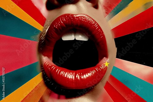 big close up of an open mouth and colorful rays coming out of it on all sides, in the style of pop art collages, with a retro aesthetic, imitating magazine art from the 50s or 60s, film noir aesthetic