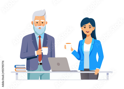 Professional colleagues enjoying coffee break at desk with laptop and transparent background.