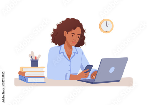 Young woman multitasking with phone and laptop at desk with transparent background.
