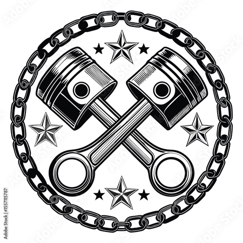 A shiny chrome emblem featuring crossed engine pistons, a chain wreath, and stars.