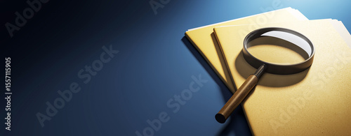 Tableau sur toile Magnifying glass inspecting stacked manila folders on desk under spotlight with dark blue background symbolizing investigation and data search