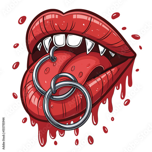 Severed tongue, pierced with rings, glistening slime trails, isolated. Gross, fleshy, horror.