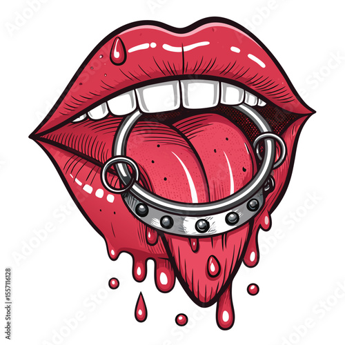 Severed tongue, iridescent rings, shimmering slime trails. Isolated, grotesque, unnatural. Detailed.