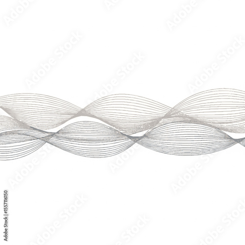 Abstract design of wavy, gray, translucent ribbons against a white background.