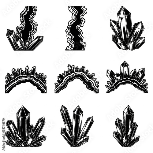 A collection of nine monochrome illustrations depicting various crystal formations and geode cross-sections.