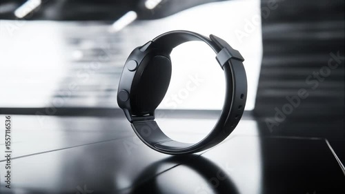 Close-up of black smart watch in industrial space with cold lighting.
