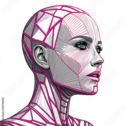 A woman's face, digitally constructed from elongated polygons, showcasing a futuristic, high-tech style.