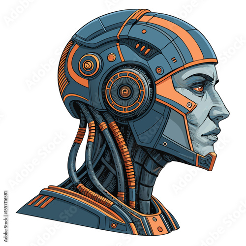 An intricate cybernetic head artfully linked to geometric tubes, evoking advanced technology.