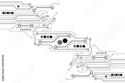 Electronic circuit with empty space on white background. Dots and lines connection circuit design