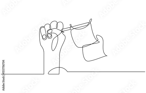 Continuous single line sketch drawing of hand holding flag show success, Hand holds flag in single line illustration.