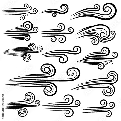 Collection of various stylized wind or air flow designs, showing different directions and intensities of movement.