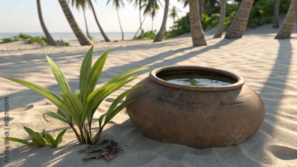 Fototapeta premium Serenity of Tropical Beach with Clay Pot and Lush Green Plant