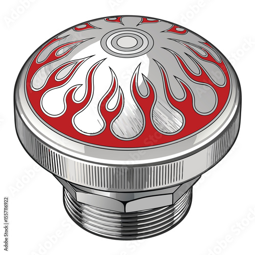 Close-up of a steel gas cap with intricate, engraved flame artwork.