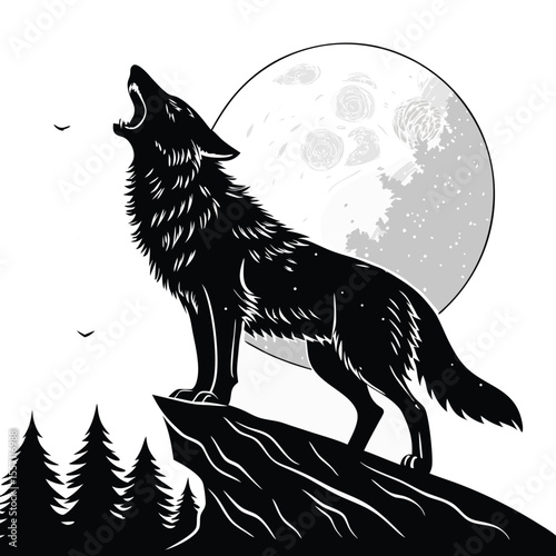 Silhouette of a lone werewolf fiercely howling at a bright full moon, dark, eerie, dramatic.