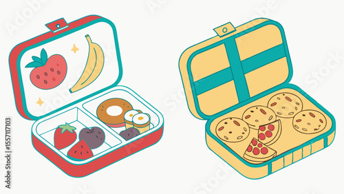 Illustration of two open lunchboxes filled with various food items including fruits and baked goods neatly packed