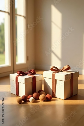 Two elegantly wrapped presents sit on a sunlit floor, adorned with rich ribbons and surrounded by soft, textured spheres.