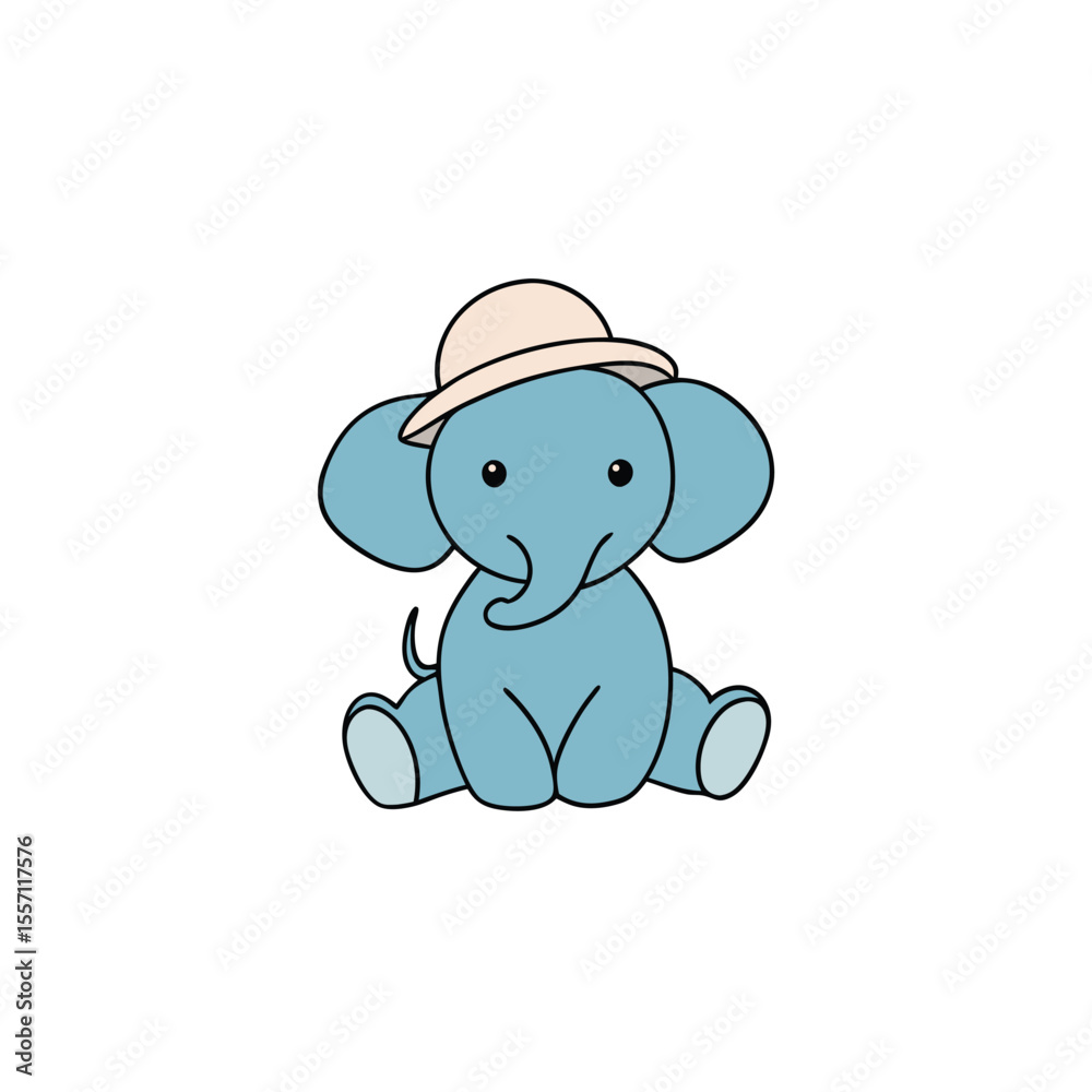 Fototapeta premium Adorable baby elephant wearing a sunhat sitting cross legged in a playful pose